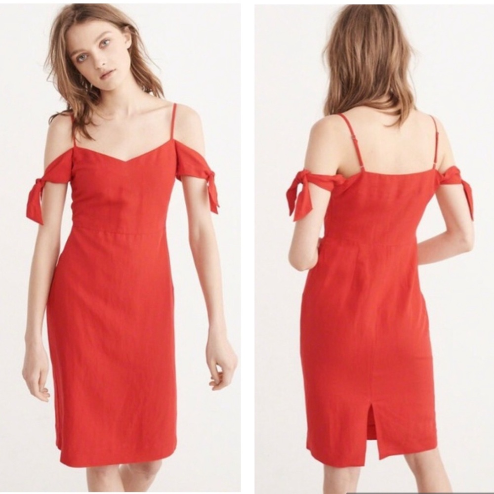 Abercrombie & Fitch Red Linen Blend Off The Shoulder Sweetheart Midi Dress 6